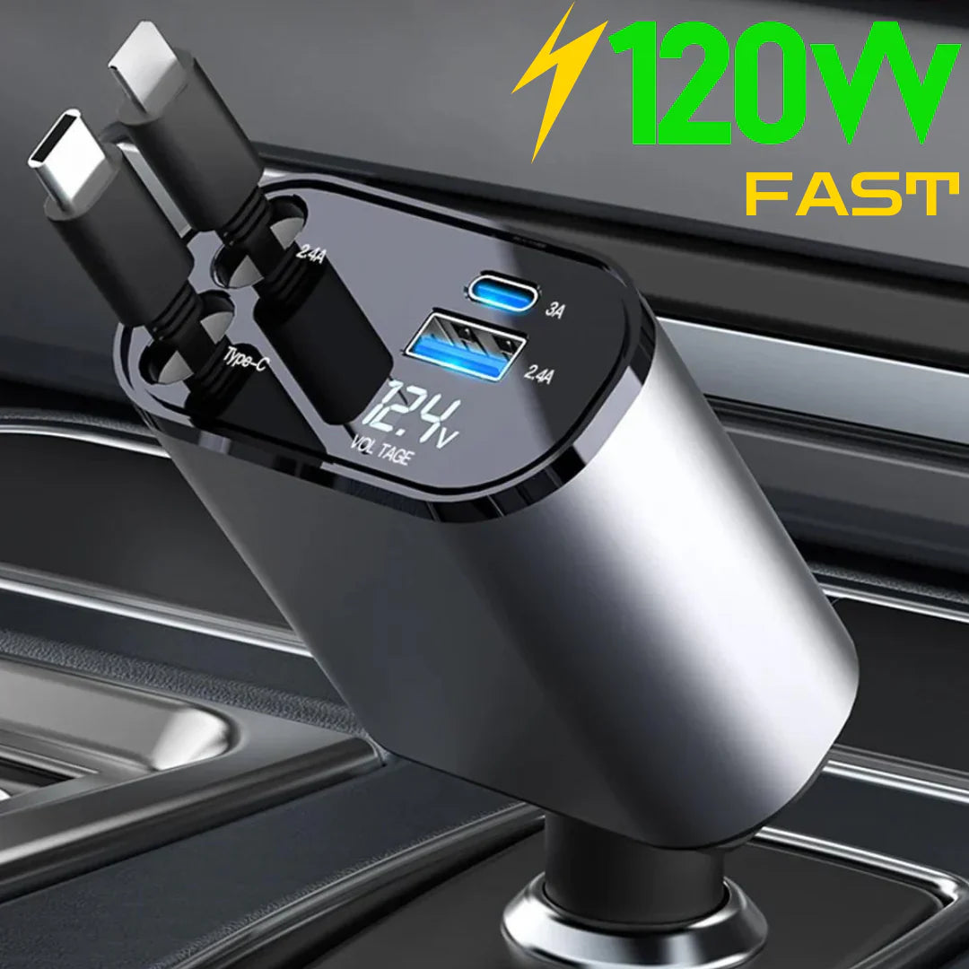 4 in 1 Retractable Car fast Charger for iPhone & Android